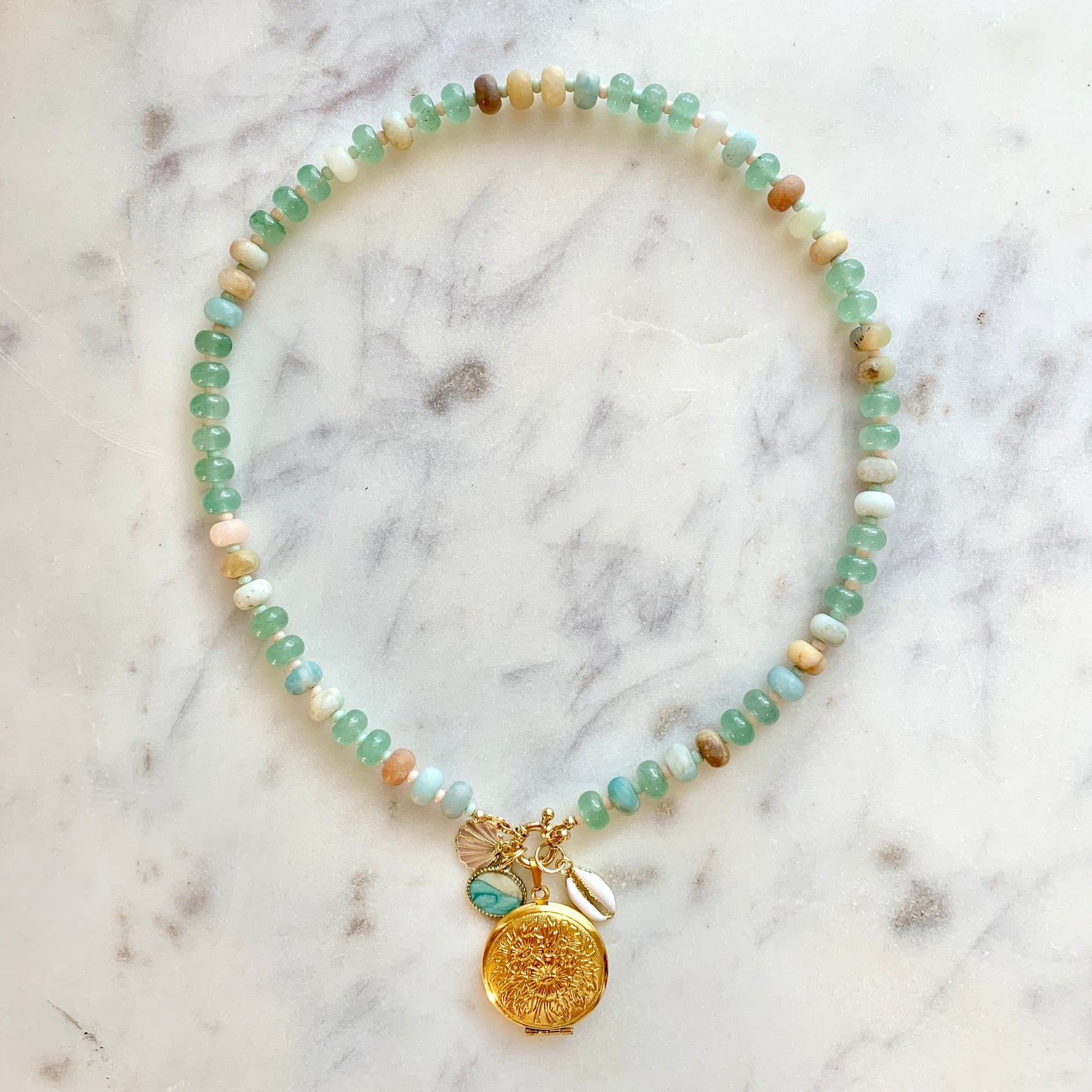 Natural Amazonite and Aventurine Mixed Gemstone Locket and Charm Necklace