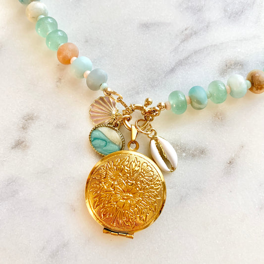 Natural Amazonite and Aventurine Mixed Gemstone Locket and Charm Necklace