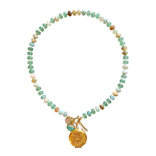 Natural Amazonite and Aventurine Mixed Gemstone Locket and Charm Necklace