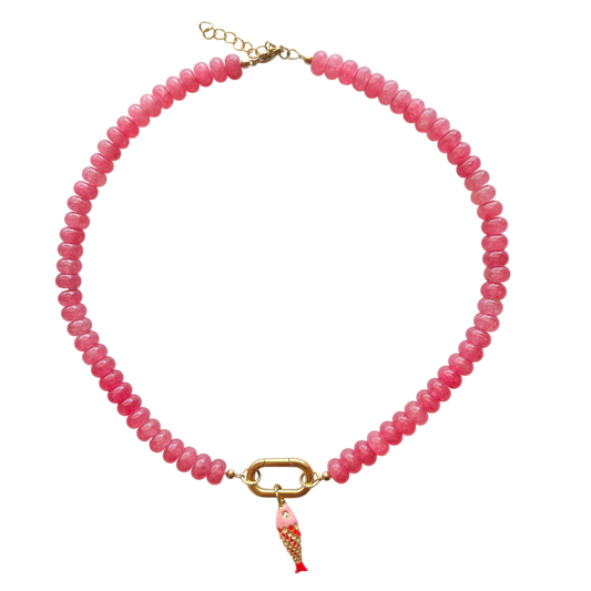 Pink Watermelon Gemstone Fish Necklace with Carabiner