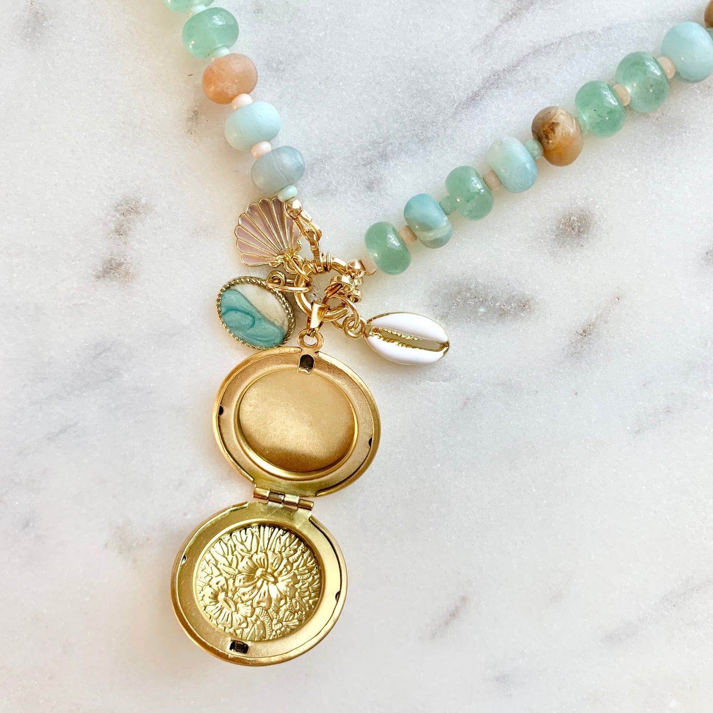 Natural Amazonite and Aventurine Mixed Gemstone Locket and Charm Necklace