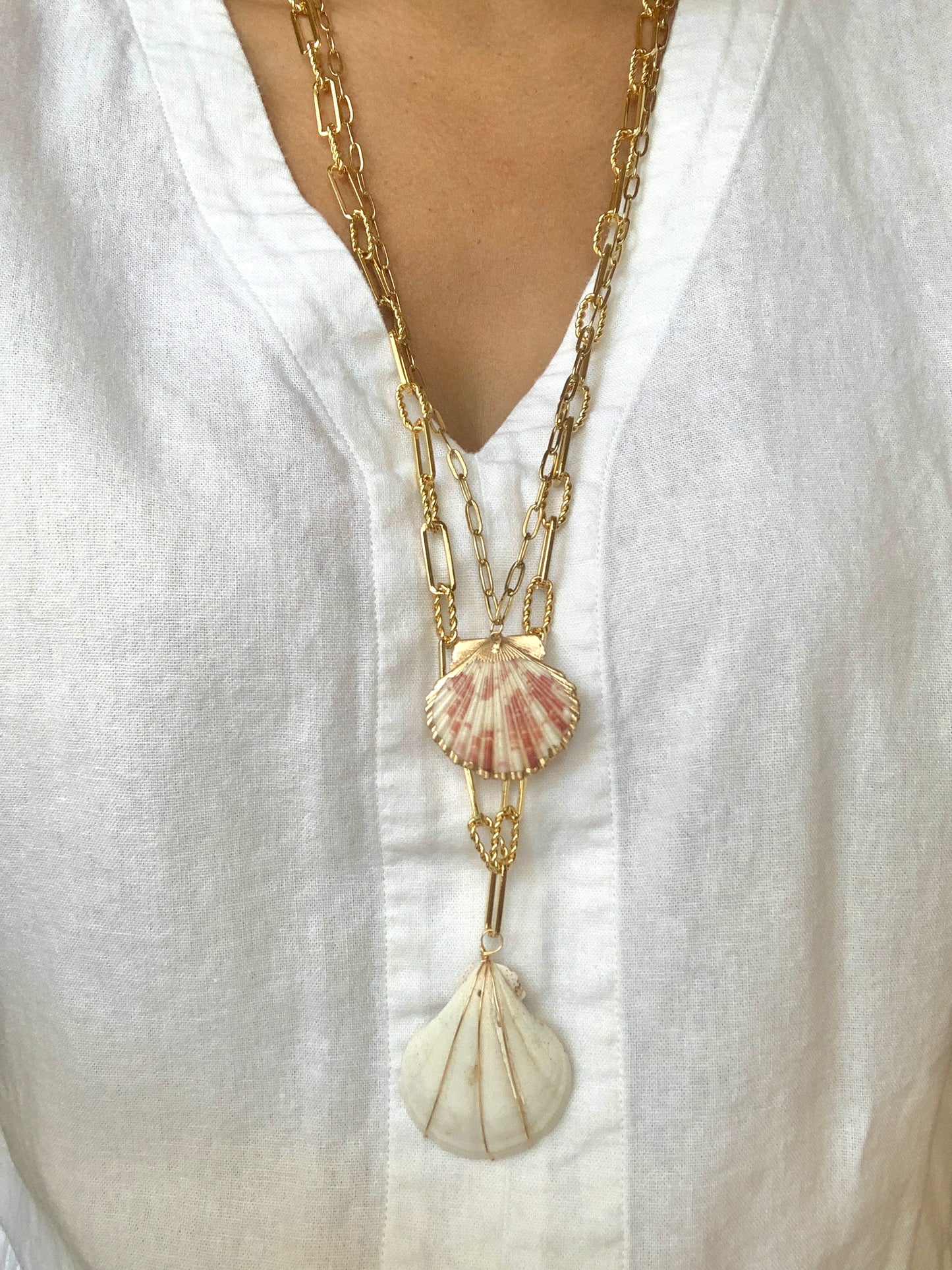 Long Shell Paperclip Chain Necklace