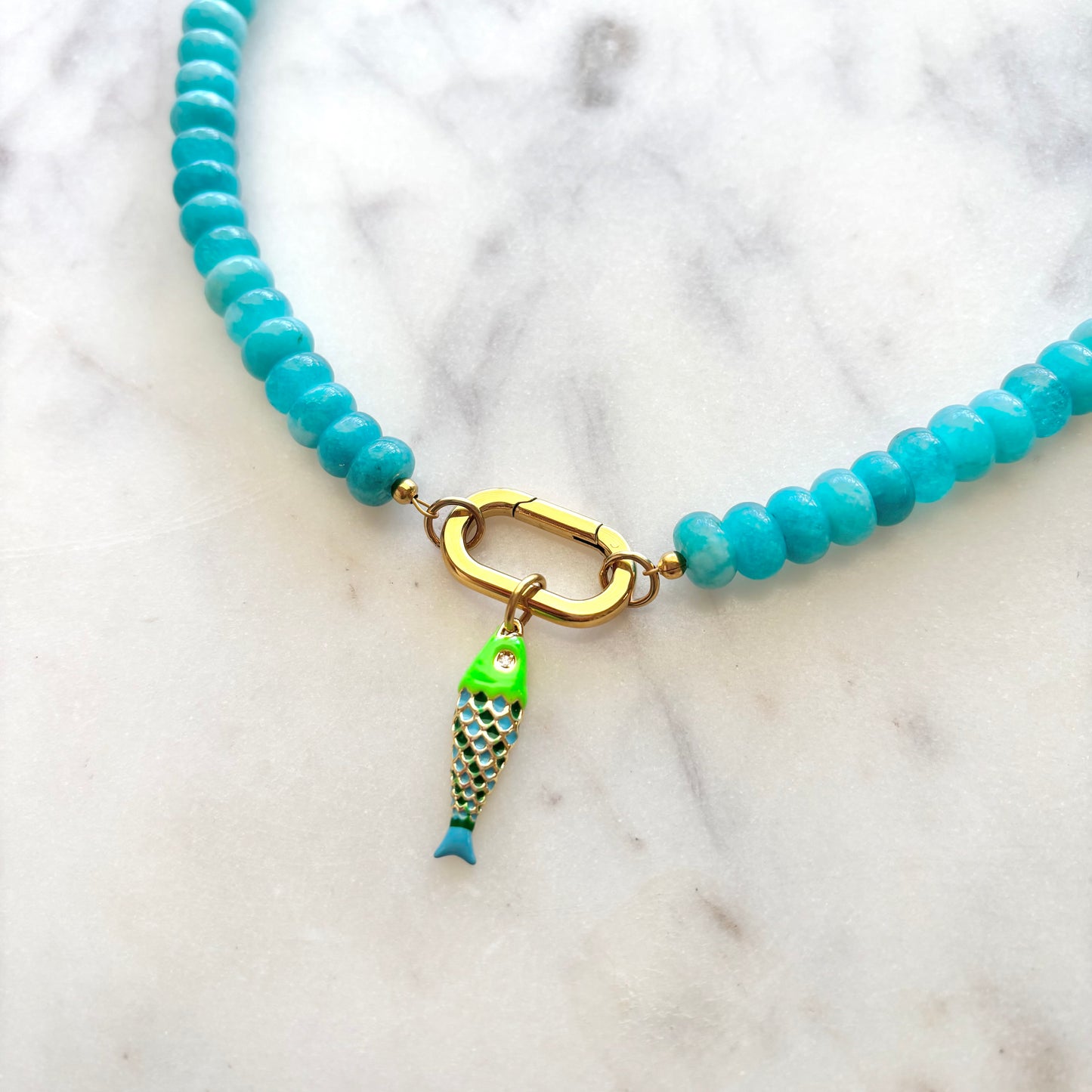 Turquoise Gemstone Fish Necklace with Carabiner