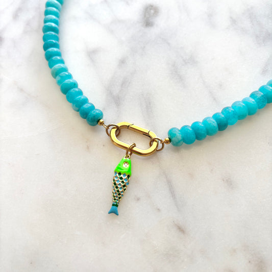 Turquoise Gemstone Fish Necklace with Carabiner