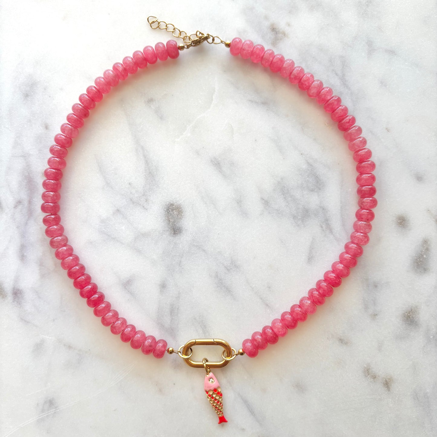 Pink Watermelon Gemstone Fish Necklace with Carabiner