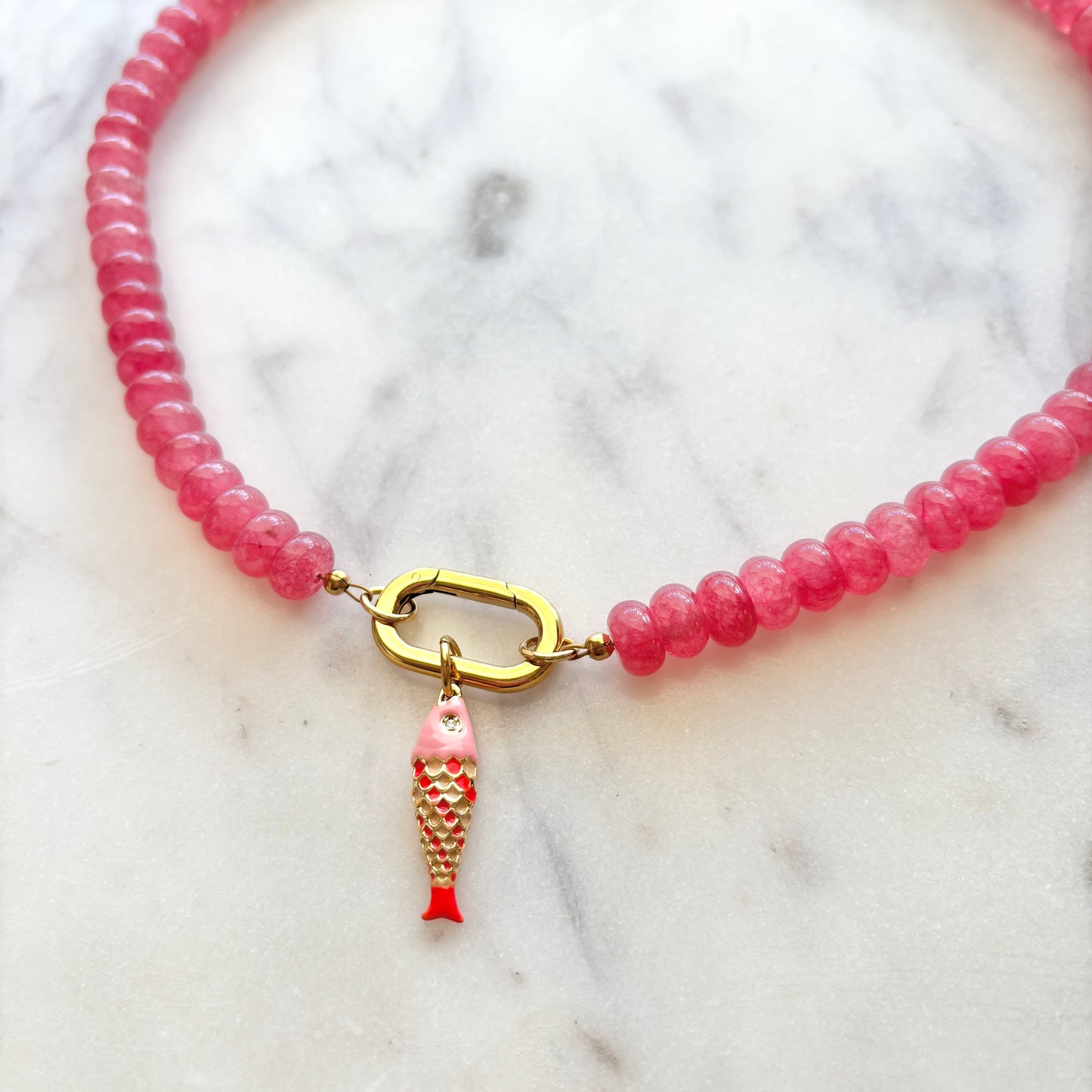 Pink Watermelon Gemstone Fish Necklace with Carabiner