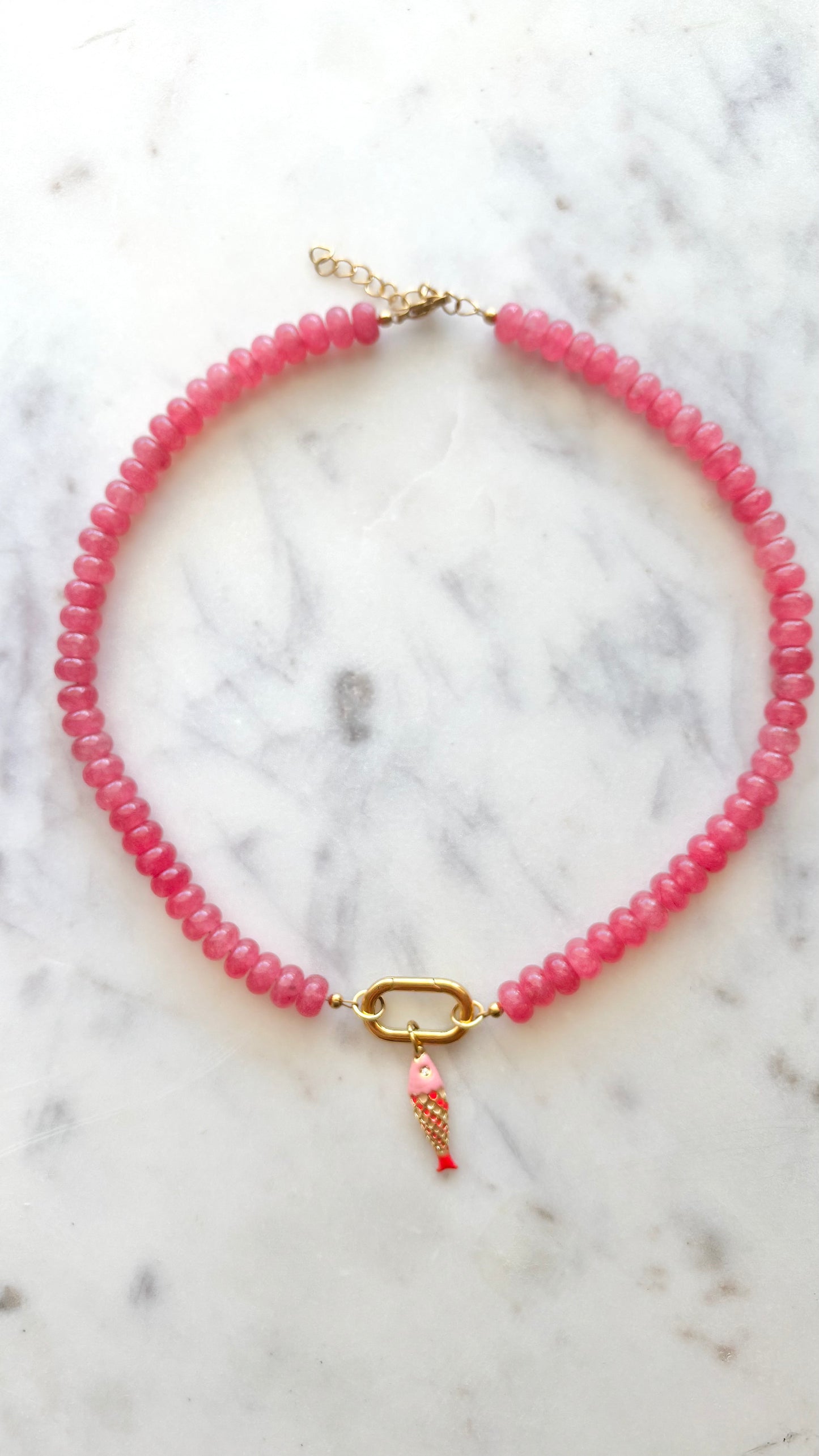 Pink Watermelon Gemstone Fish Necklace with Carabiner