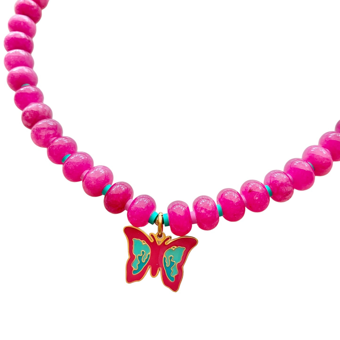 Kids Pink Butterfly Charm Gemstone Necklace