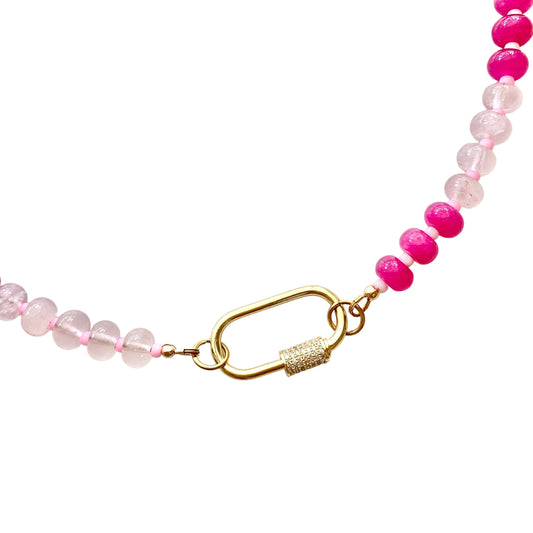 Pink Opal Gemstone Necklace, Carabiner Clasp