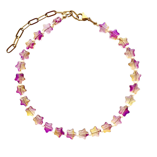 Purple and Gold Stars Glass Necklace