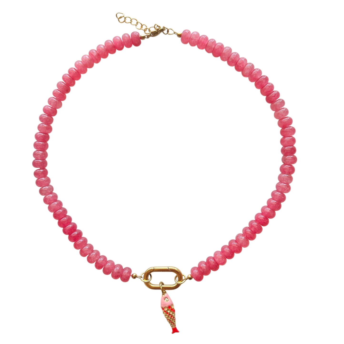Pink Watermelon Gemstone Fish Necklace with Carabiner