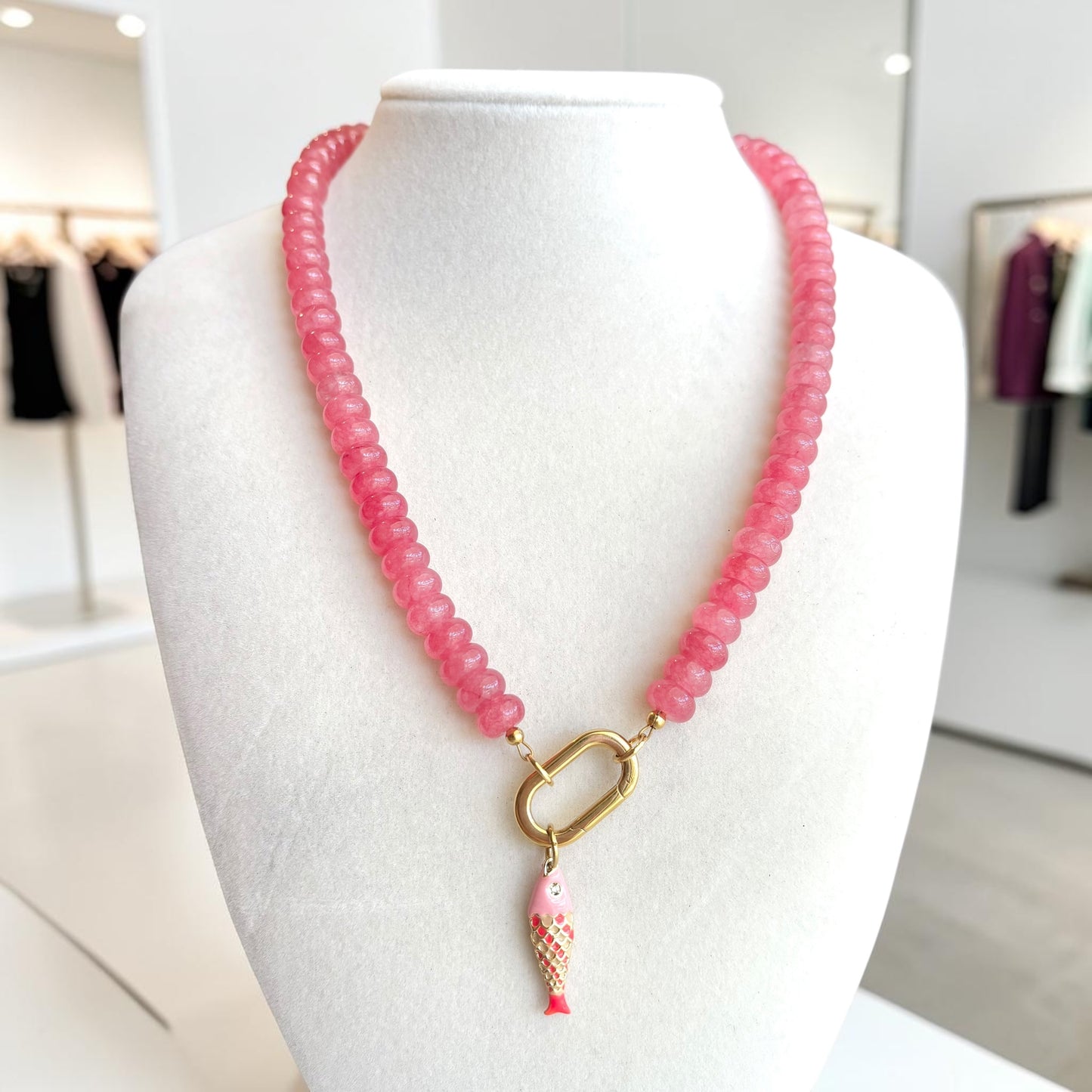 Pink Watermelon Gemstone Fish Necklace with Carabiner