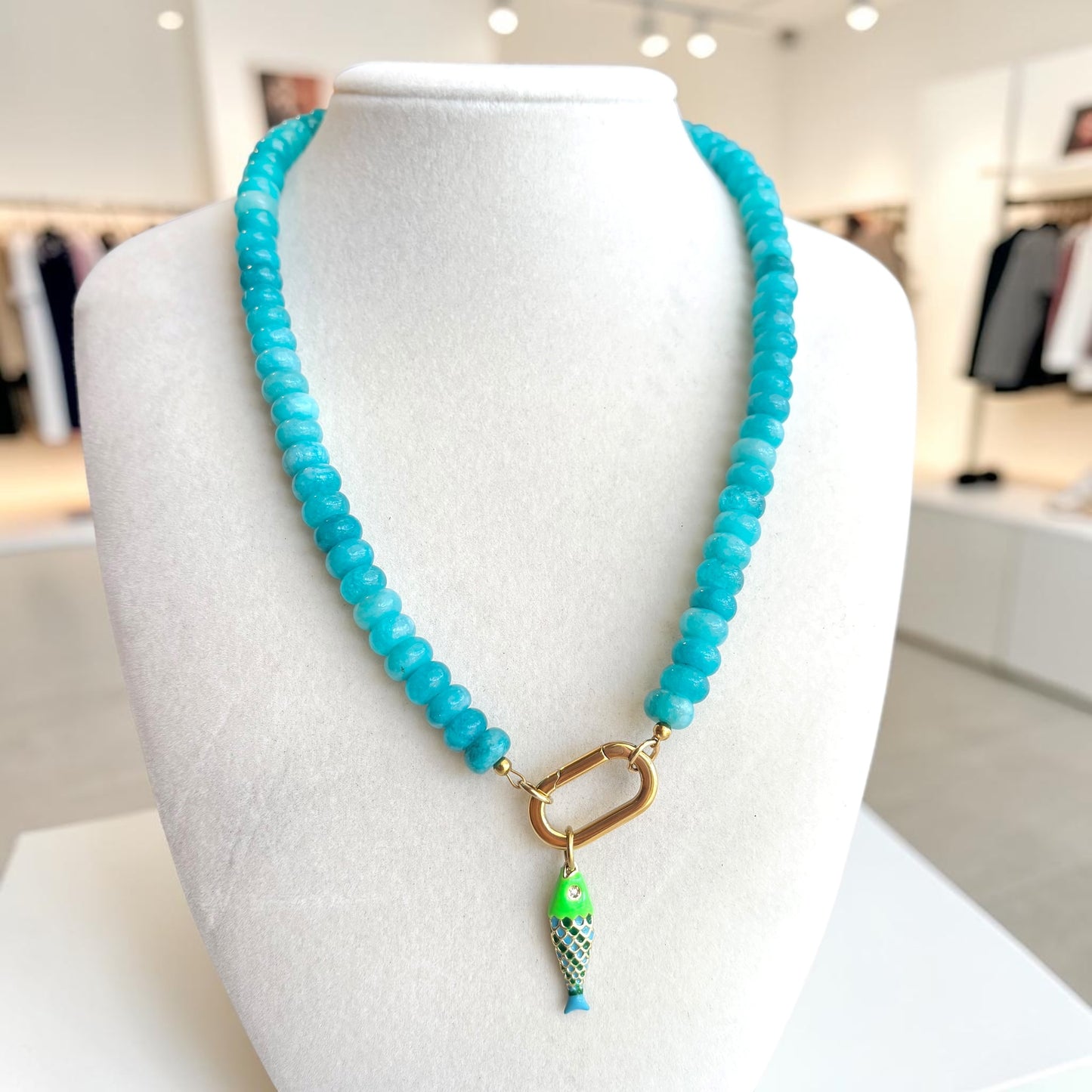 Turquoise Gemstone Fish Necklace with Carabiner